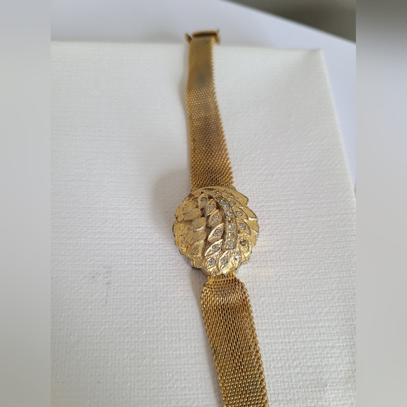 Vintage Lausanne 17 Jewels Gold Crystal Leaf Square Face Wind Up Watch Bracelet - Picture 3 of 11